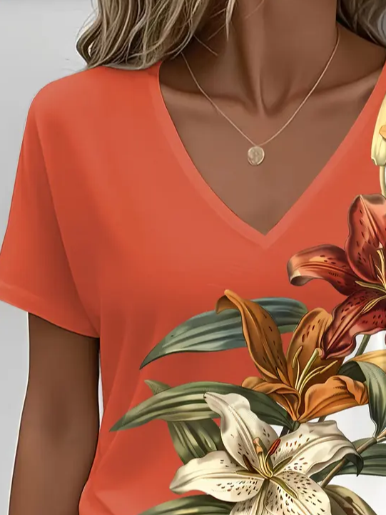 Women's Floral Print Casual V-Neck Short Sleeve T-Shirt