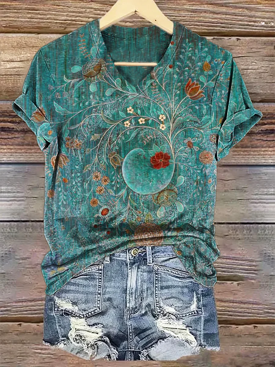 Women's Floral Print Casual V-Neck Short Sleeve T-Shirt