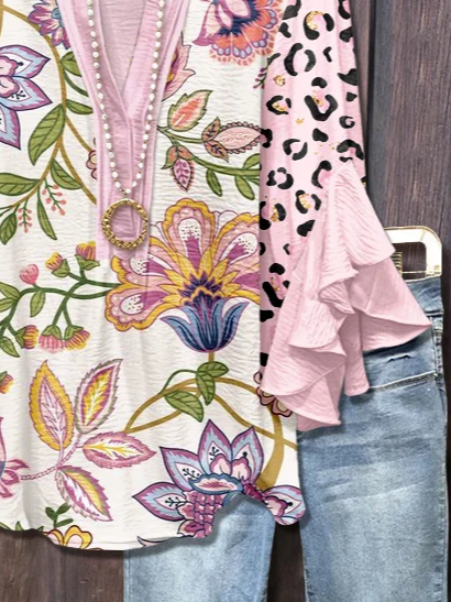 Women's Floral Leopard Print Ruffle Sleeve Top