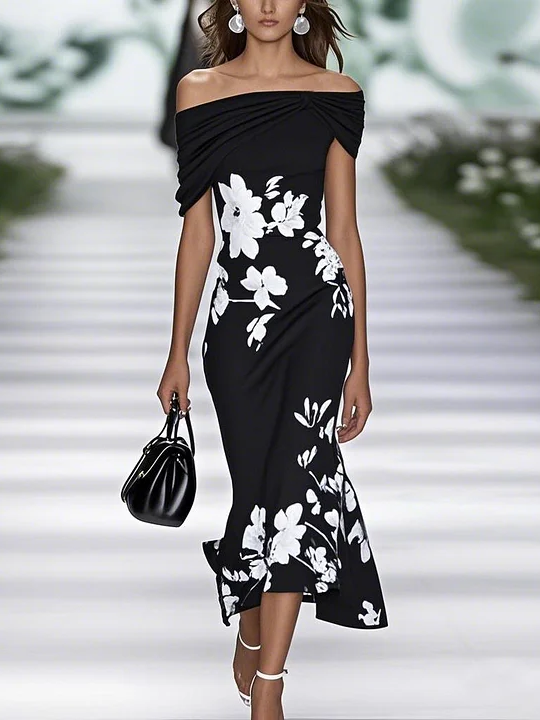 Women's Cap Sleeve Summer Green Floral Printing Cold Shoulder Daily Going Out Vintage Maxi H-Line Dress