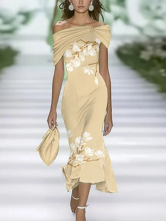 Women Floral Cold Shoulder Printing Vintage Summer Daily Maxi H-Line Dress