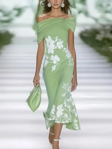 Women's Cap Sleeve Summer Green Floral Printing Cold Shoulder Daily Going Out Vintage Maxi H-Line Dress