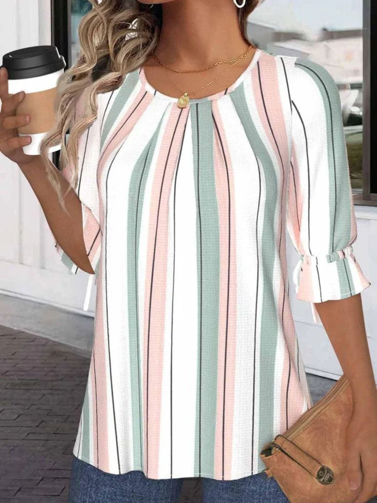 Crew Neck Balloon Sleeve Simple Regular Fit Blouse