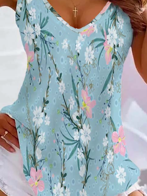 Loose V Neck Casual Floral T-Shirt