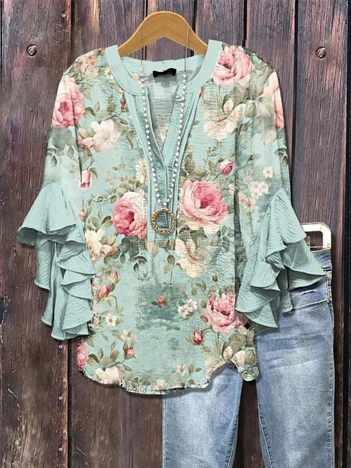 Women's Floral Ruffle Sleeve Top