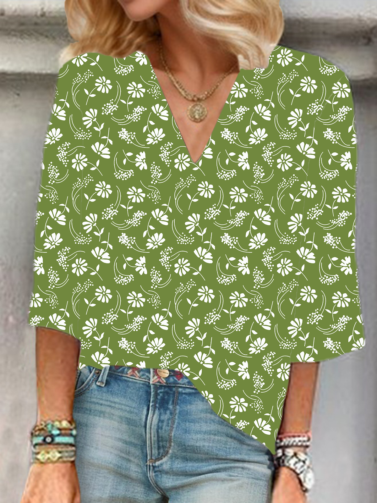 Plants Shawl Collar Casual Cotton Blouse