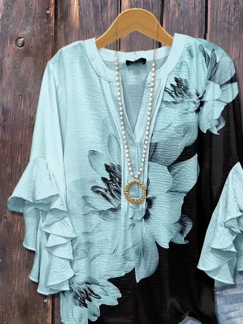 Women's Half Sleeve Shirt Summer Cyan Floral Printing V Neck Daily Going Out Casual Top