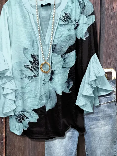 Women's Half Sleeve Shirt Summer Cyan Floral Printing V Neck Daily Going Out Casual Top