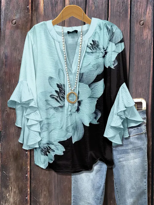 Women's Half Sleeve Shirt Summer Cyan Floral Printing V Neck Daily Going Out Casual Top