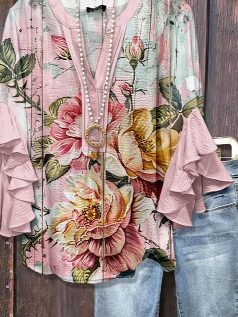 Women's Half Sleeve Shirt Summer Pink Floral Printing V Neck Daily Going Out Casual Top
