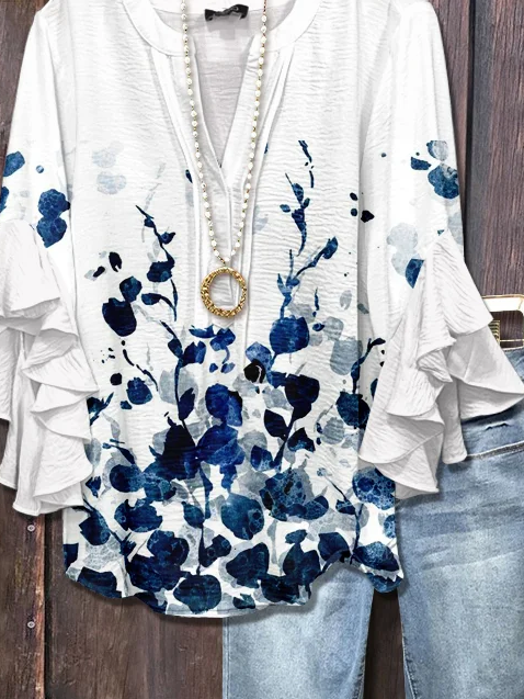 Women's Half Sleeve Shirt Summer White Floral Printing V Neck Daily Going Out Casual Top