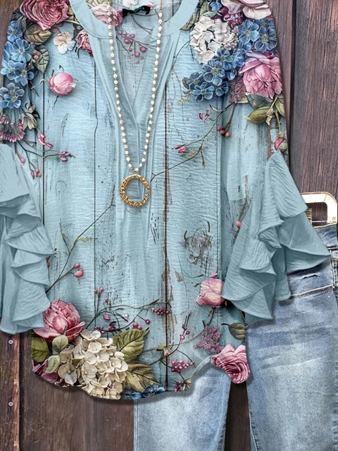 Women's Half Sleeve Shirt Summer Blue Floral Printing V Neck Daily Going Out Casual Top