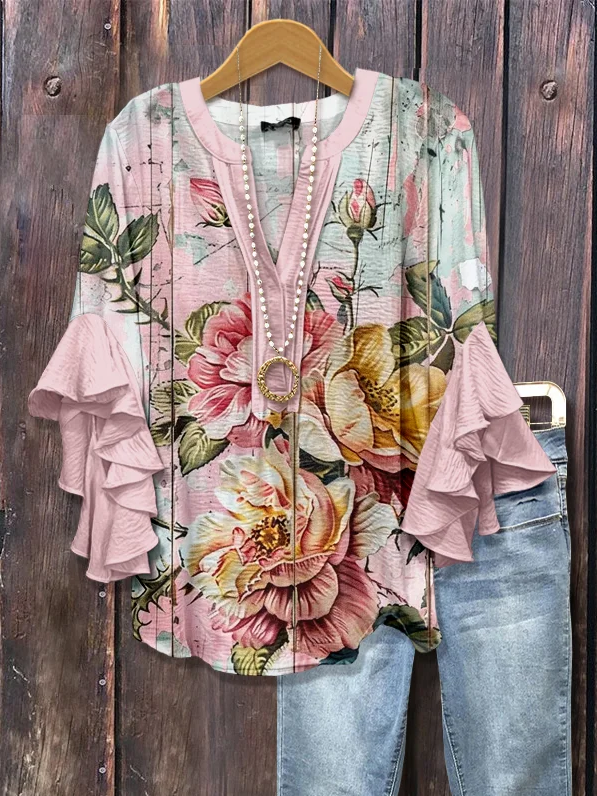 Women's Half Sleeve Shirt Summer Pink Floral Printing V Neck Daily Going Out Casual Top