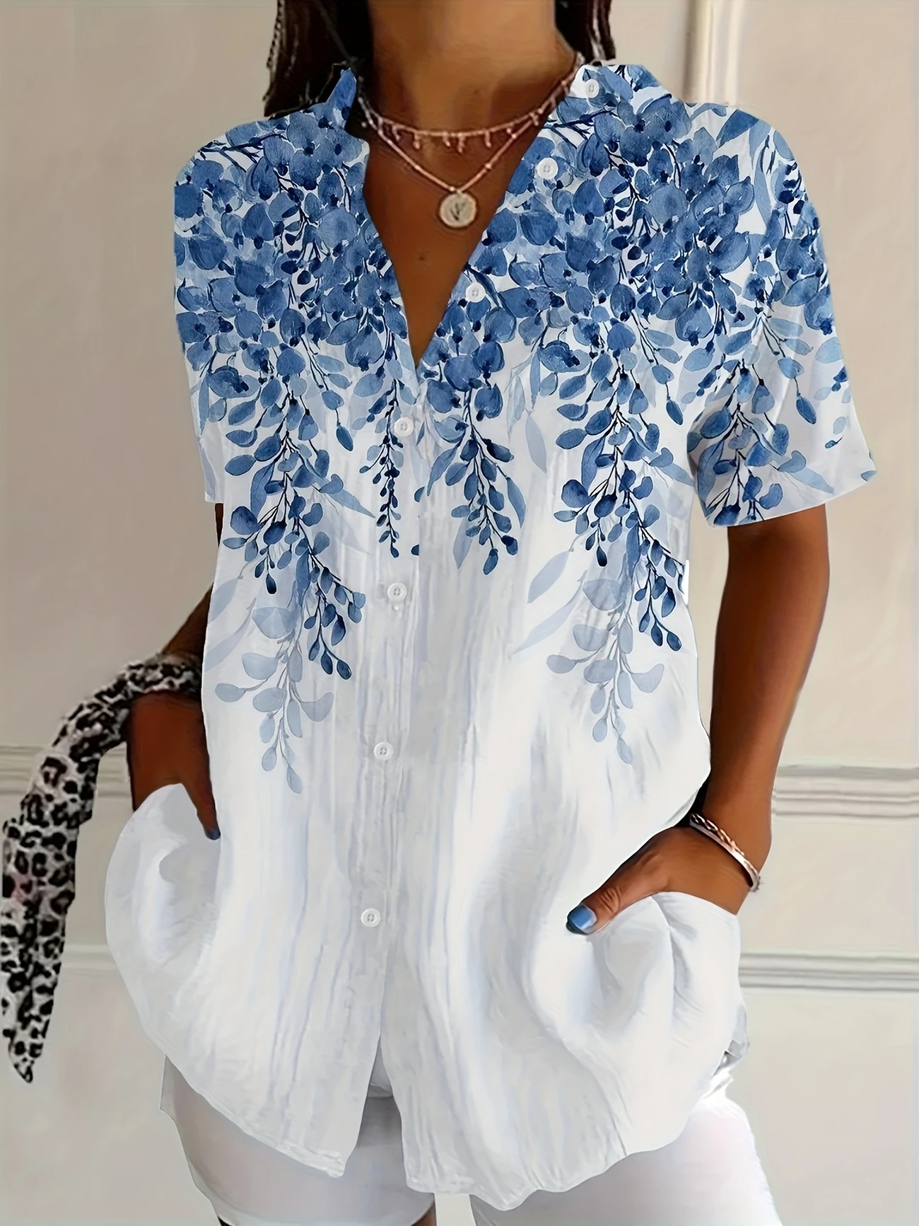 Women's Short Sleeve Shirt Summer White Floral Printing Shirt Collar Daily Going Out Casual Top