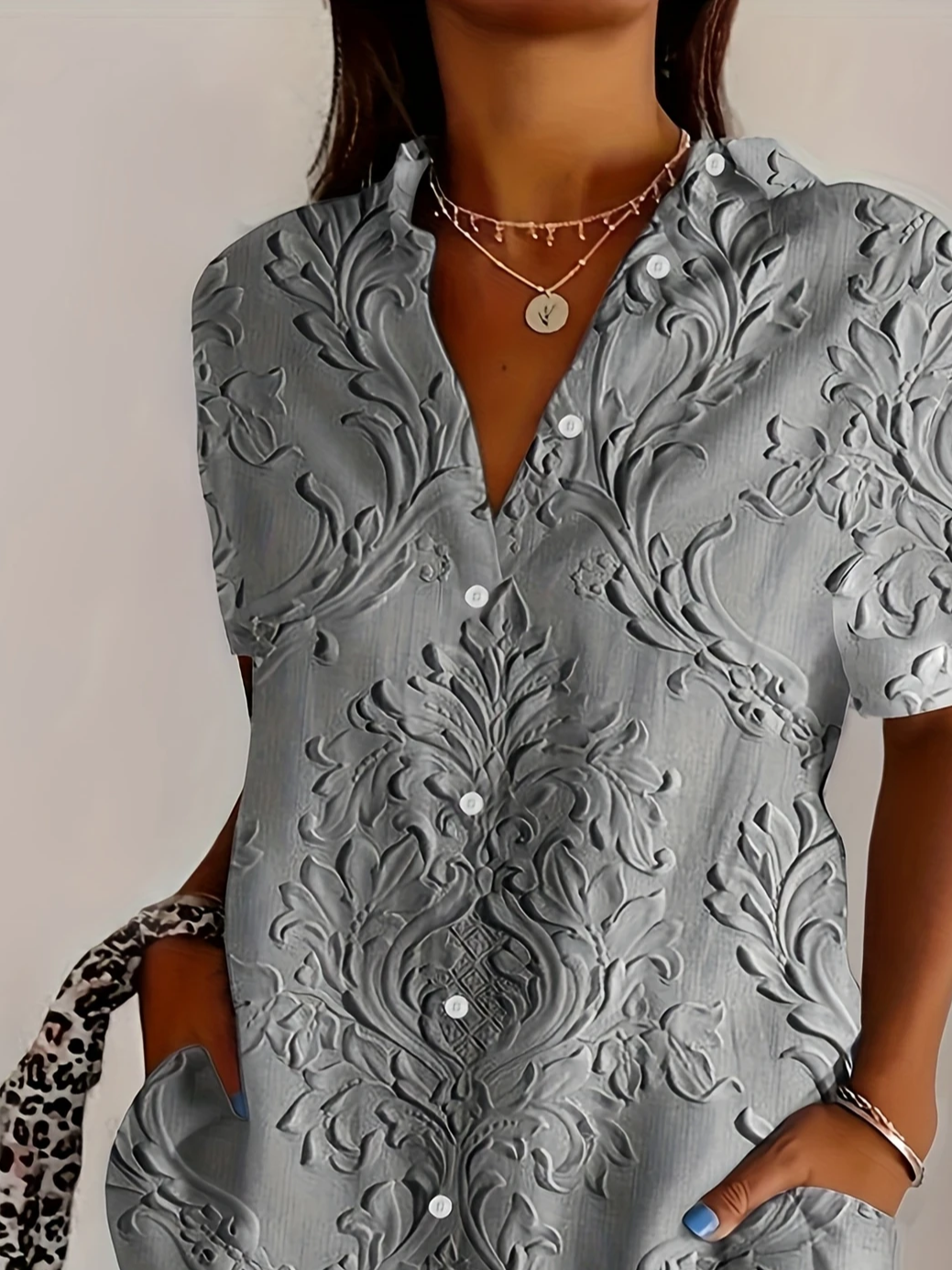 Women's Short Sleeve Shirt Summer Gray Floral Printing Shirt Collar Daily Going Out Casual Top