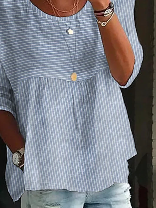 Women's Half Sleeve Shirt Summer Blue Striped Printing Crew Neck Daily Going Out Casual Top