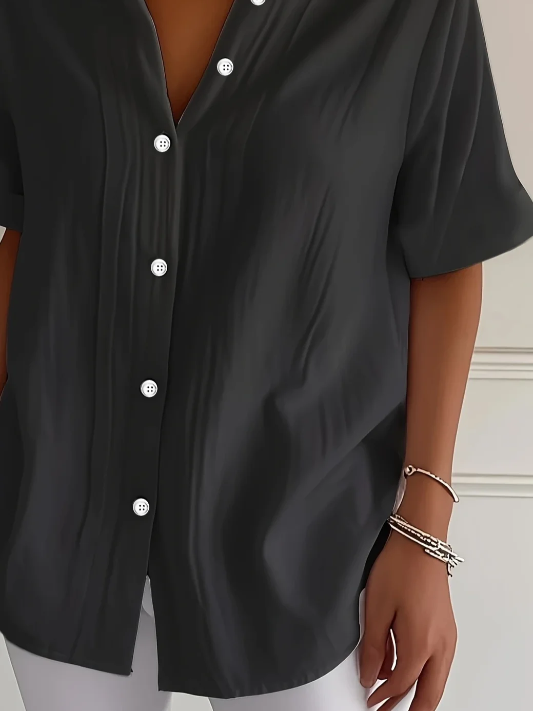 Women's Short Sleeve Shirt Summer Black Plain Printing Shirt Collar Daily Going Out Casual Top