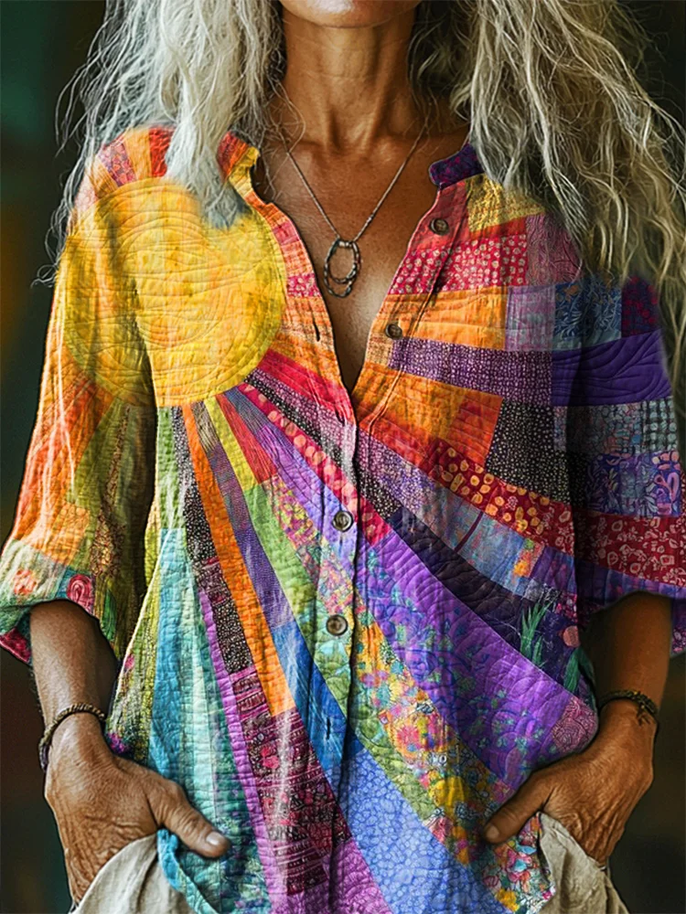 Multicolor Block Stand Collar Casual Shirt