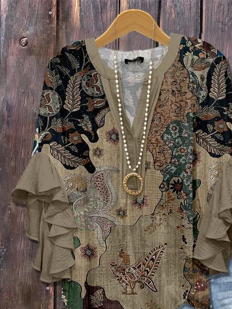 Women's Half Sleeve Shirt Summer Brown Floral Printing V Neck Daily Going Out Casual Top