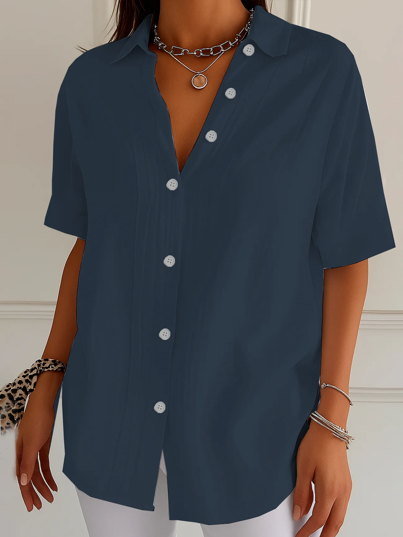 Women's Short Sleeve Shirt Summer Black Plain Printing Shirt Collar Daily Going Out Casual Top