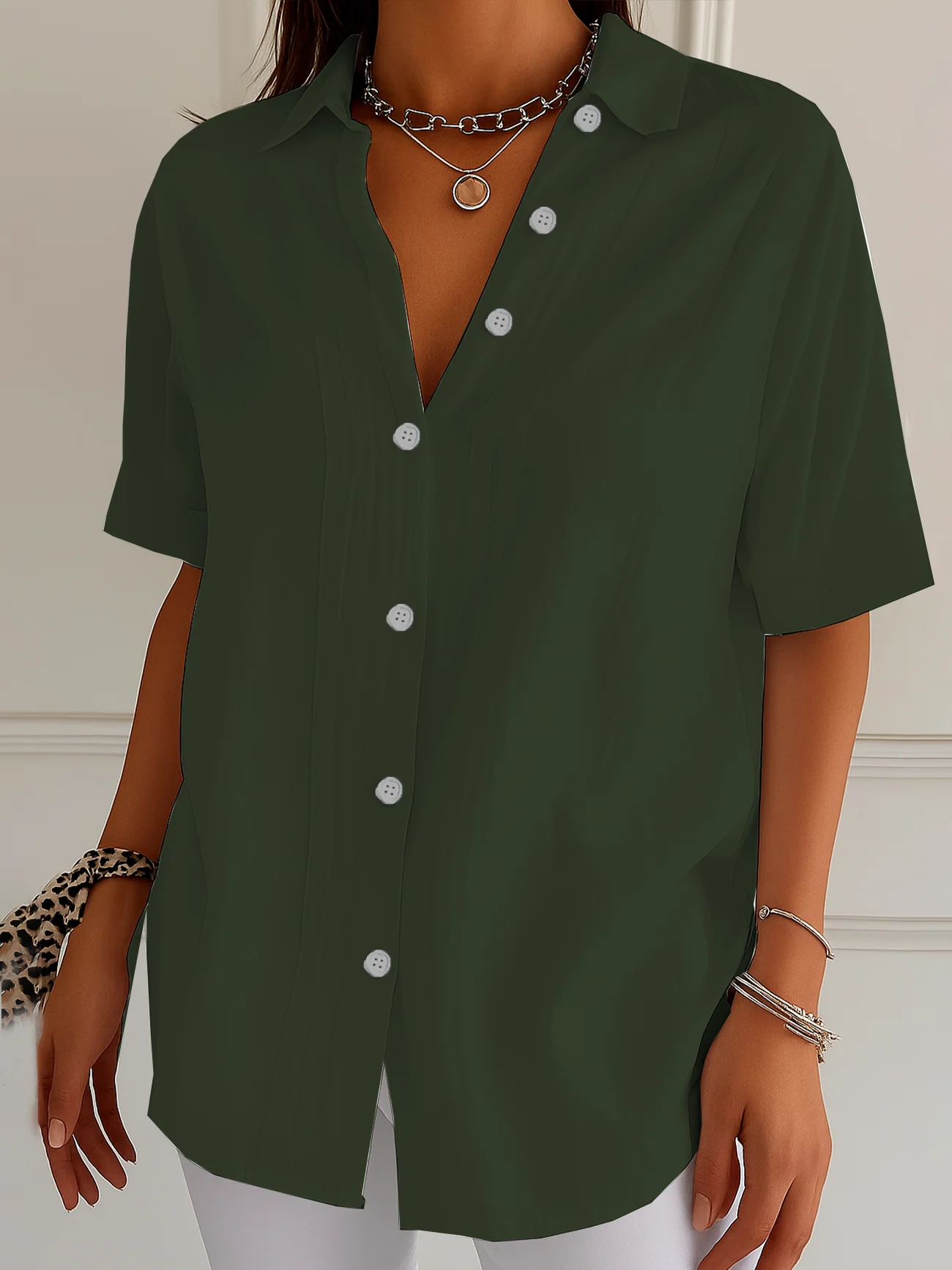 Women's Short Sleeve Shirt Summer Black Plain Printing Shirt Collar Daily Going Out Casual Top