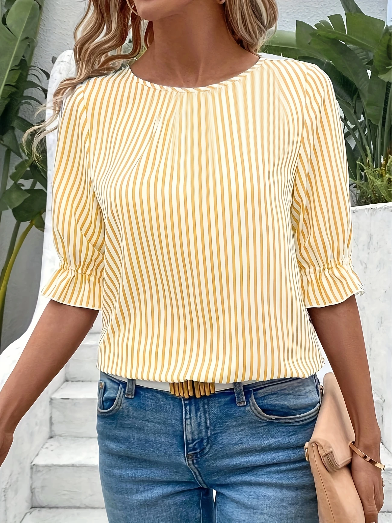 Women's Half Sleeve Shirt Summer Yellow Striped Crew Neck Daily Going Out Vintage Top