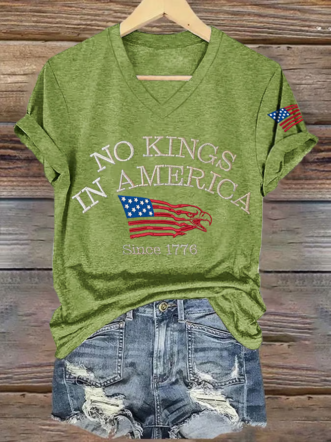 V-neck Retro No Kings In America Since 1776 Print T-Shirt