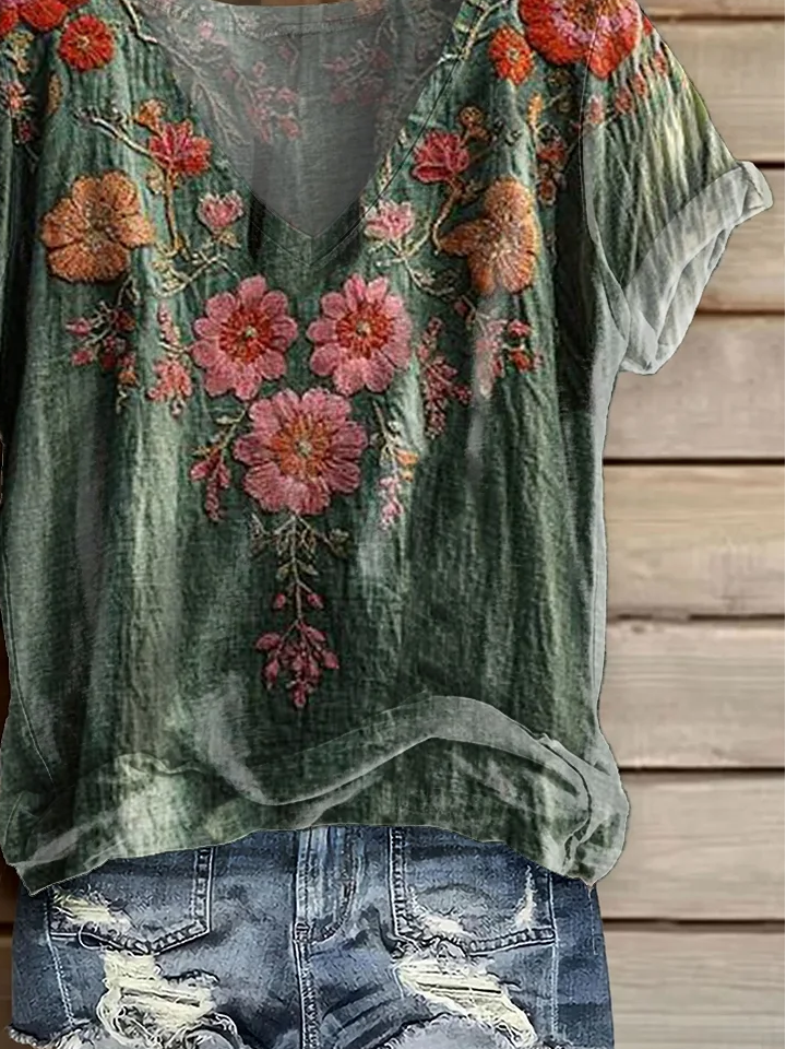 Women's Short Sleeve T-shirt Summer Green Floral Printing V Neck Daily Going Out Casual Top