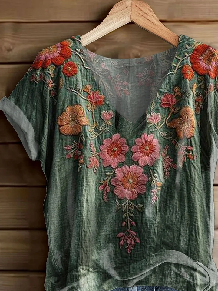 Women's Short Sleeve T-shirt Summer Green Floral Printing V Neck Daily Going Out Casual Top