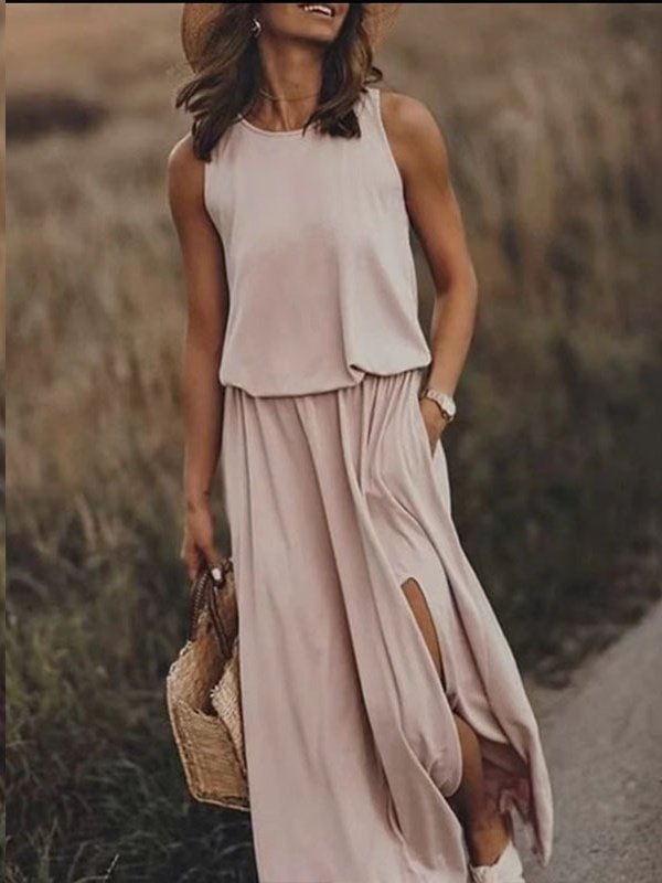 Women's Sleeveless Summer Yellow Plain Split Joint Crew Neck Daily Going Out Vintage Maxi A-Line Tank Dress