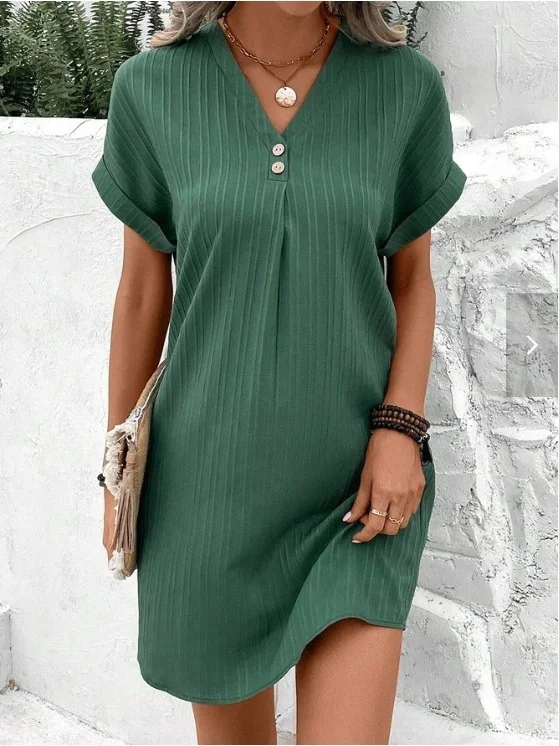 Women's Short Sleeve Summer Aqua Plain Split Joint V Neck Daily Going Out Vintage Maxi A-Line Tank Dress