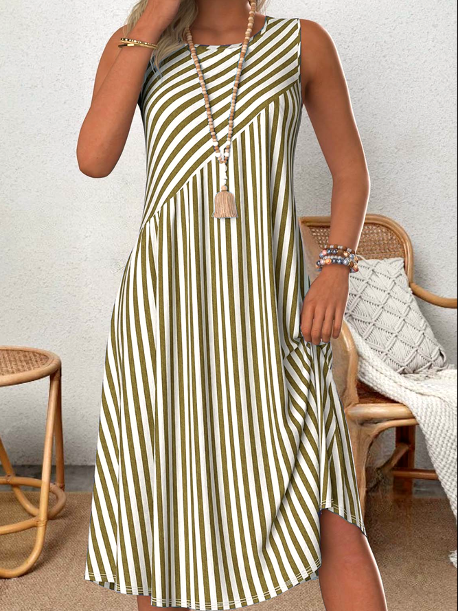 Striped Loose Simple Crew Neck Dress With No