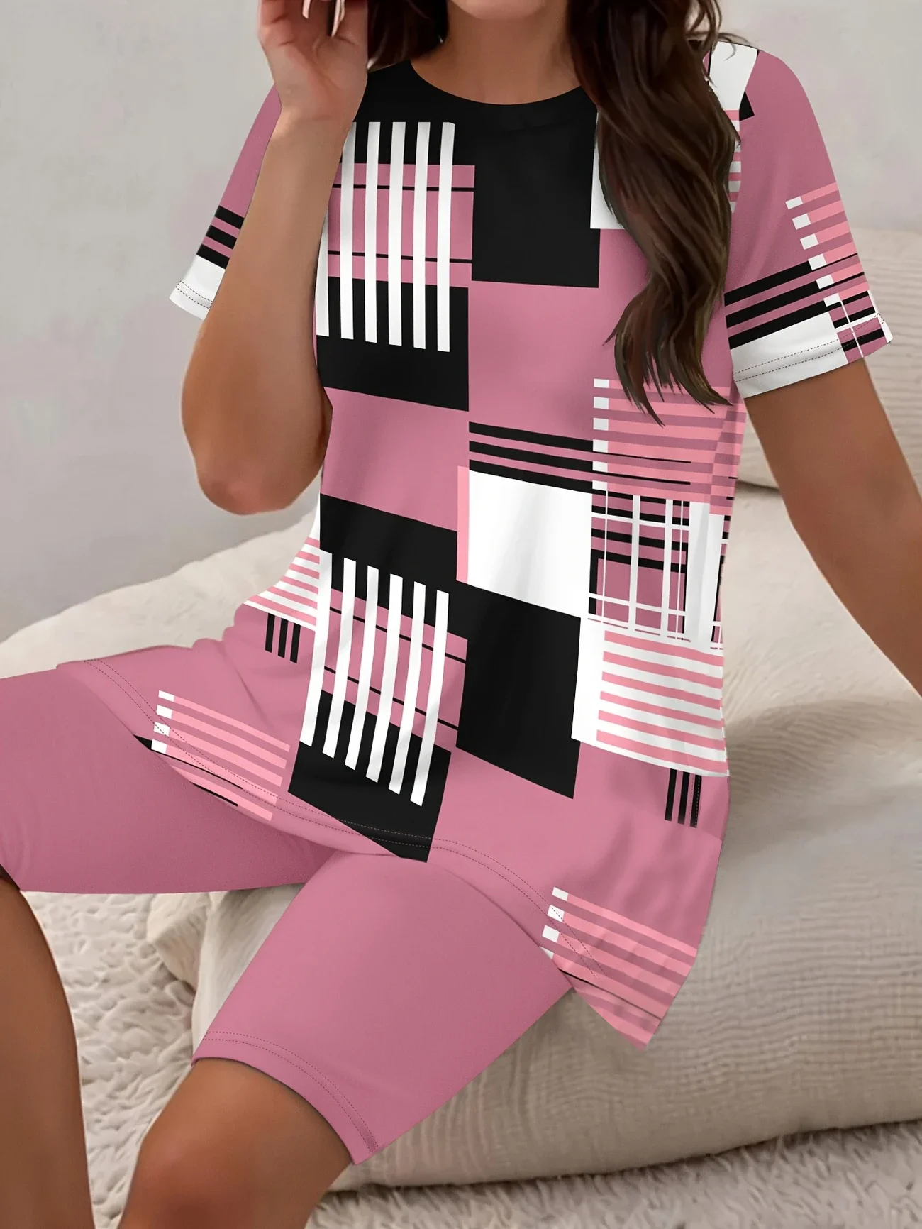 Women's Printing Abstract Stripes Daily Going Out Two-Piece Set Pink Casual Summer Top With Pants Matching Set