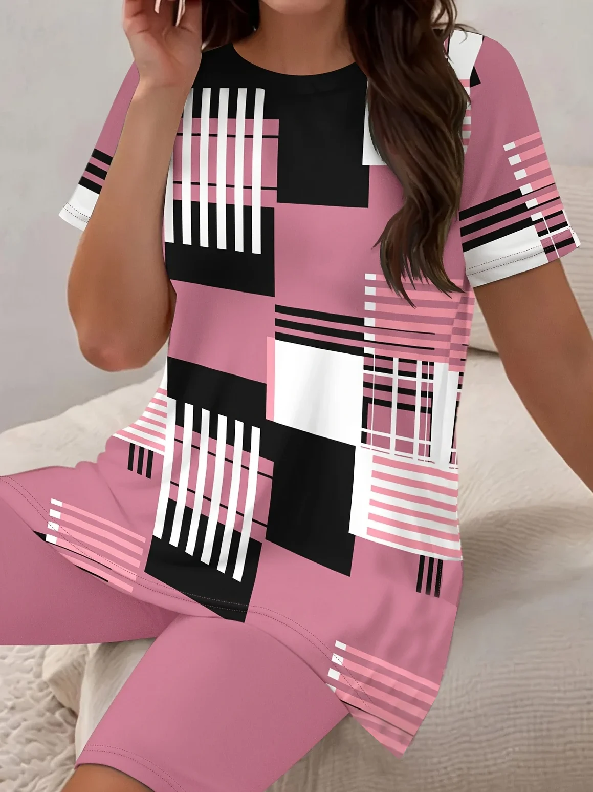 Women's Printing Abstract Stripes Daily Going Out Two-Piece Set Pink Casual Summer Top With Pants Matching Set