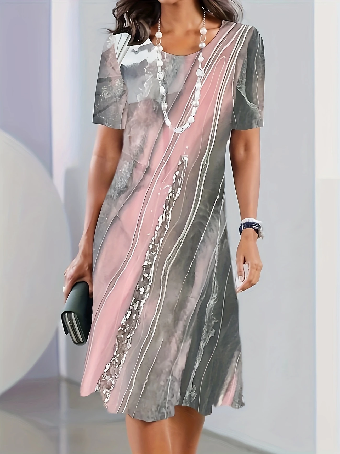 Women's Short Sleeve Summer pink-gray Abstract Printing Crew Neck Daily Going Out Vintage Midi H-Line Tunic Dress