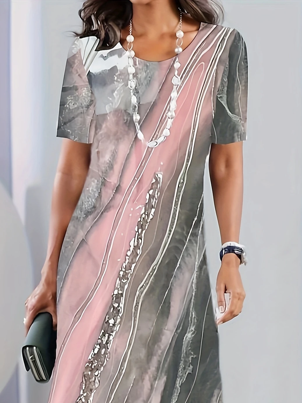 Women's Short Sleeve Summer pink-gray Abstract Printing Crew Neck Daily Going Out Vintage Midi H-Line Tunic Dress