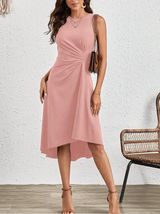 Women's Sleeveless Summer Red Plain Split Joint Crew Neck Daily Going Out Vintage Midi A-Line Tank Dress