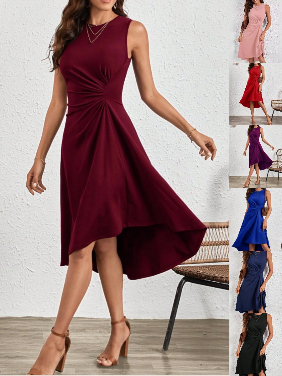 Women's Sleeveless Summer Red Plain Split Joint Crew Neck Daily Going Out Vintage Midi A-Line Tank Dress