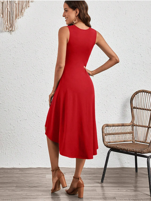Women's Sleeveless Summer Red Plain Split Joint Crew Neck Daily Going Out Vintage Midi A-Line Tank Dress