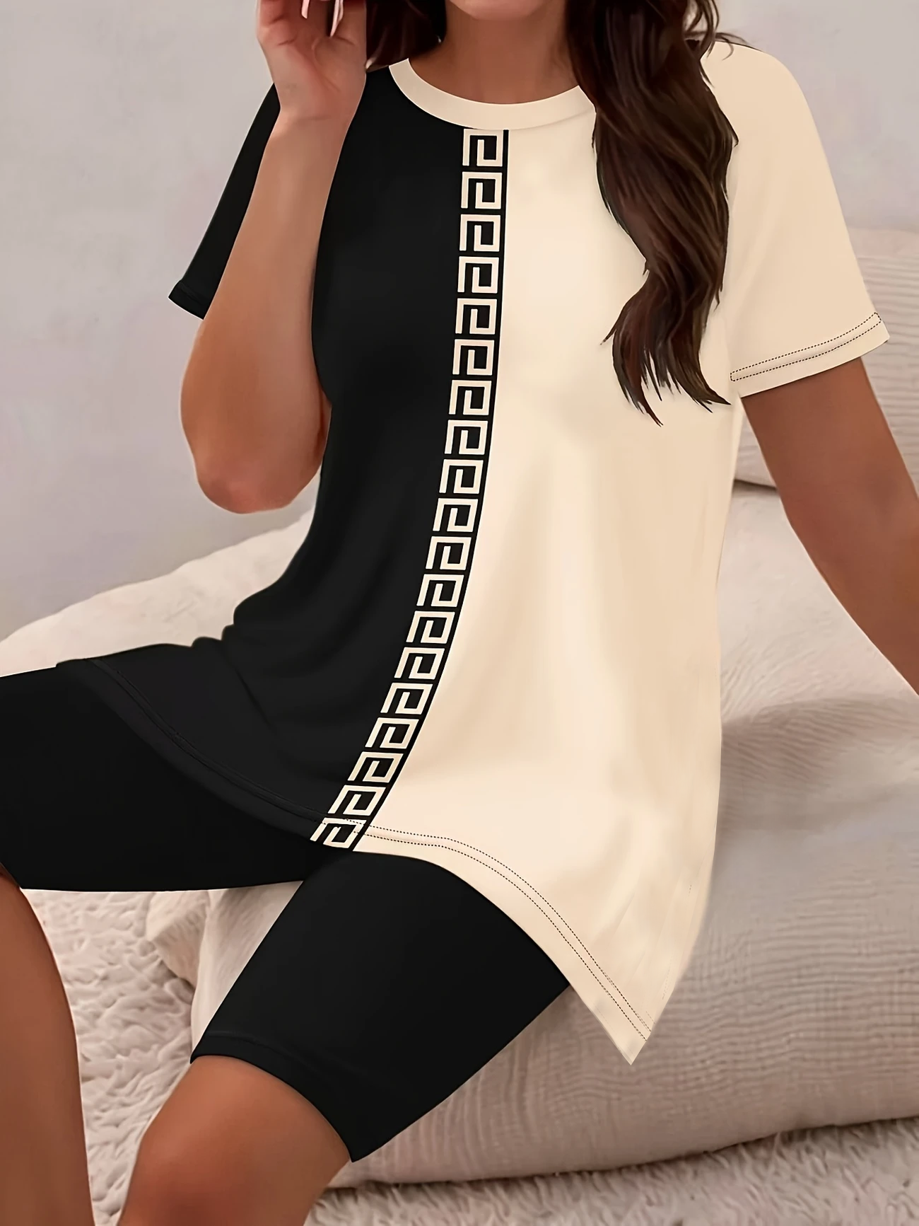 Women's Printing Contrast Stitching Daily Going Out Two-Piece Set Black Casual Summer Top With Pants Matching Set