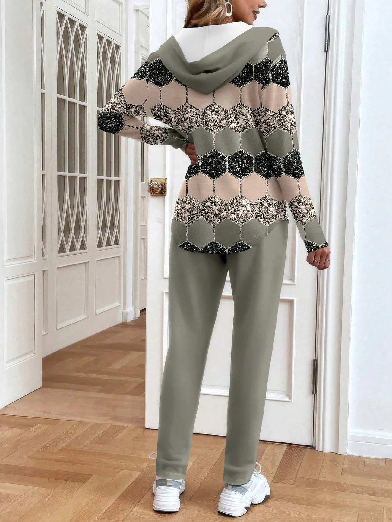 Women's Printing Abstract Daily Going Out Two-Piece Set Gray-brown Casual Spring/Fall Coat With Pants Matching Set