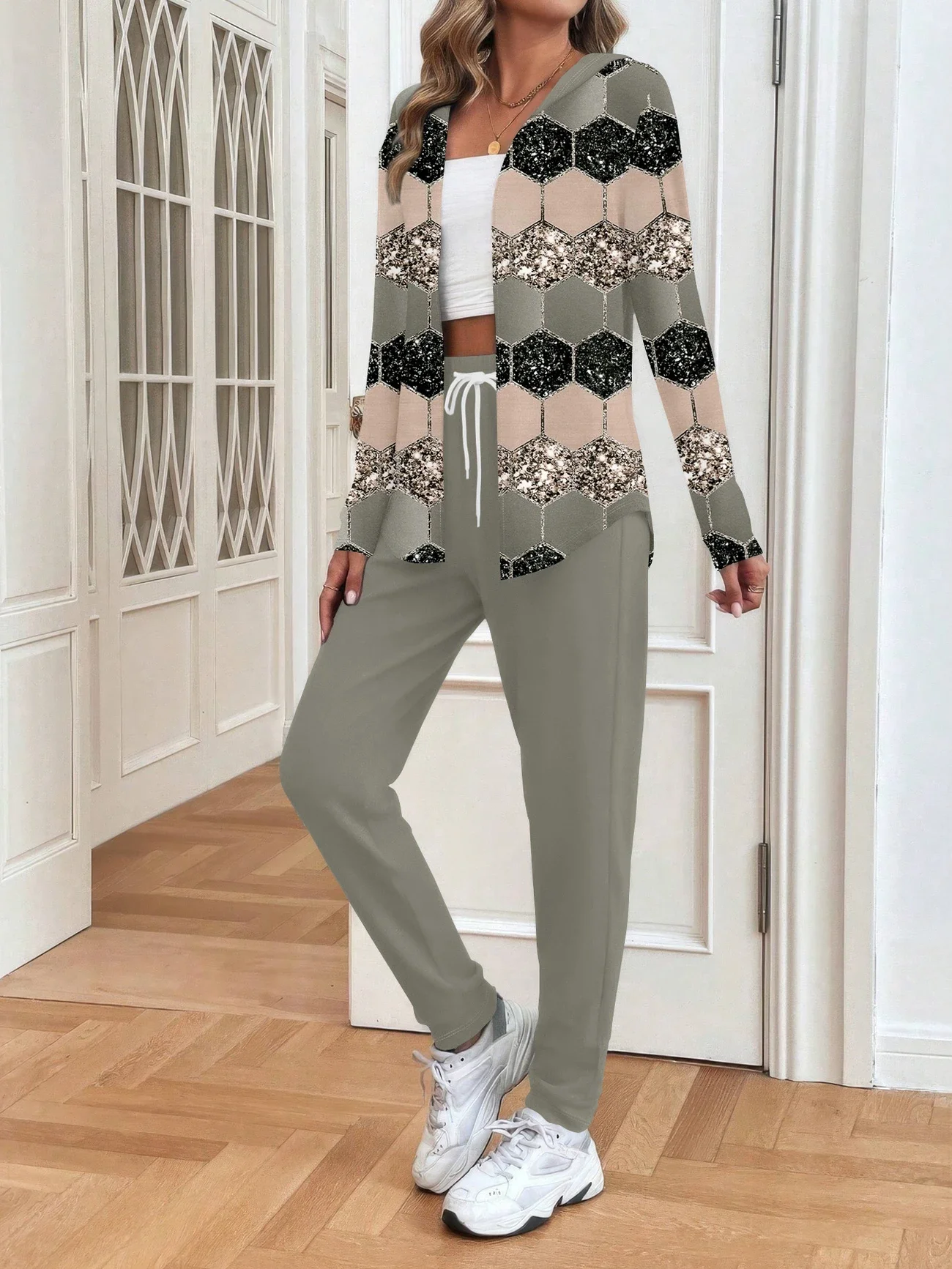 Women's Printing Abstract Daily Going Out Two-Piece Set Gray-brown Casual Spring/Fall Coat With Pants Matching Set