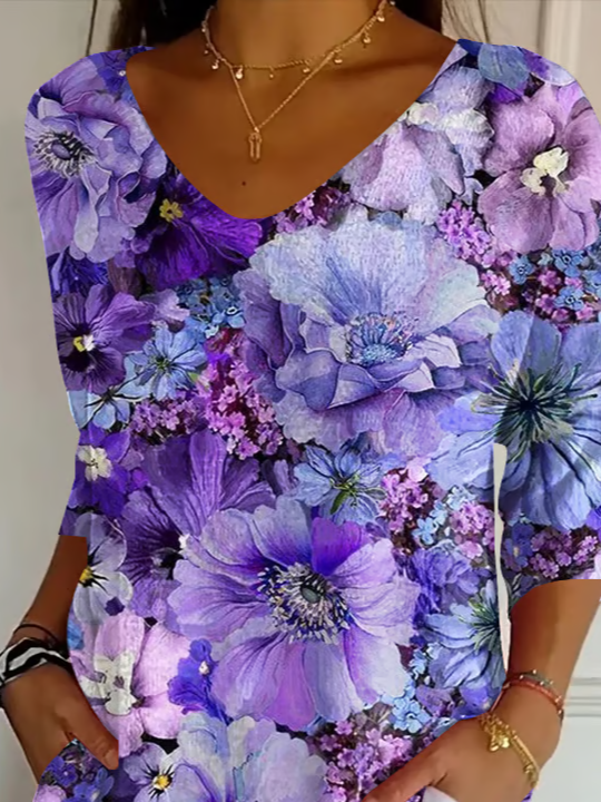 Women's Alzheimer's Disease Floral Print V-Neck T-Shirt