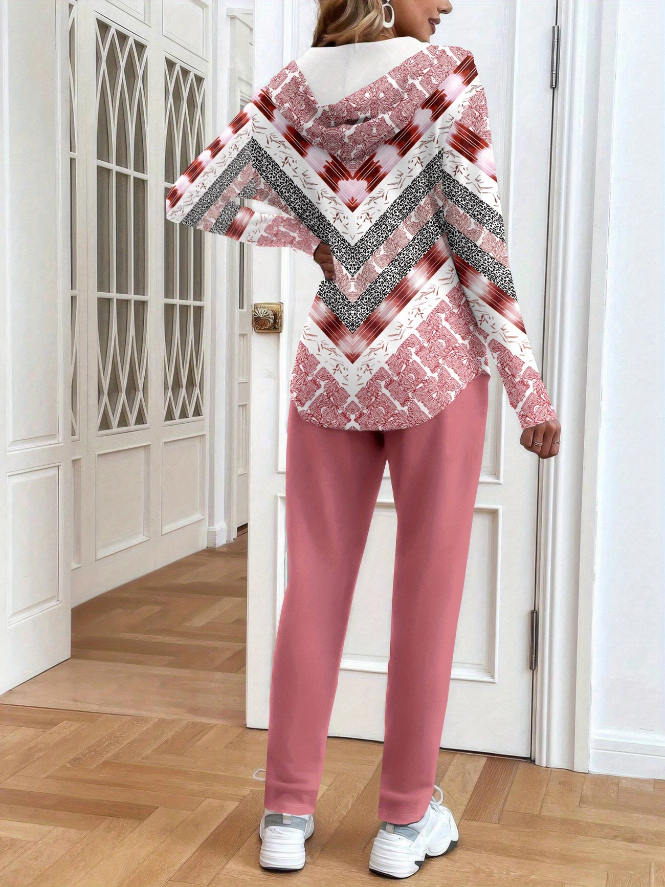 Women's Printing Abstract Daily Going Out Two-Piece Set Pink Casual Spring/Fall Coat With Pants Matching Set