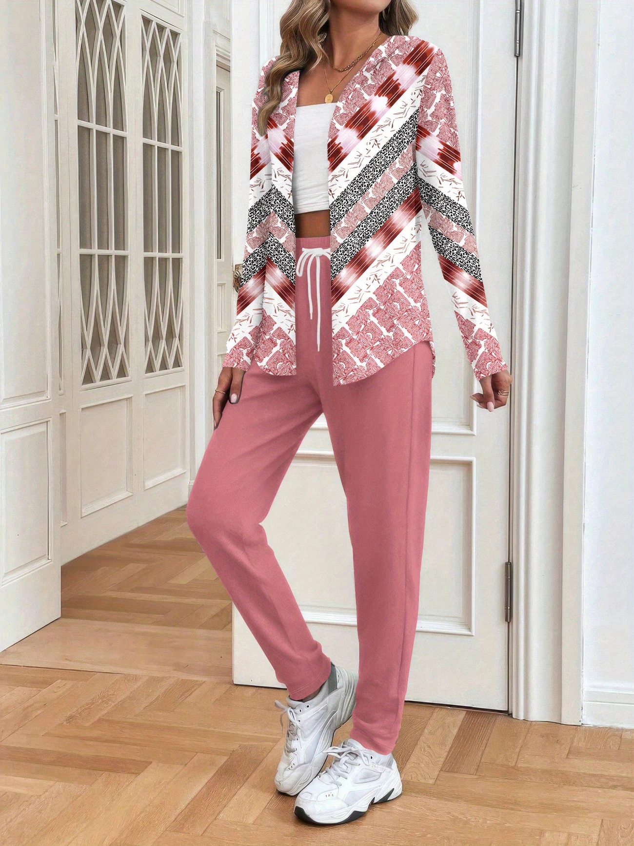 Women's Printing Abstract Daily Going Out Two-Piece Set Pink Casual Spring/Fall Coat With Pants Matching Set