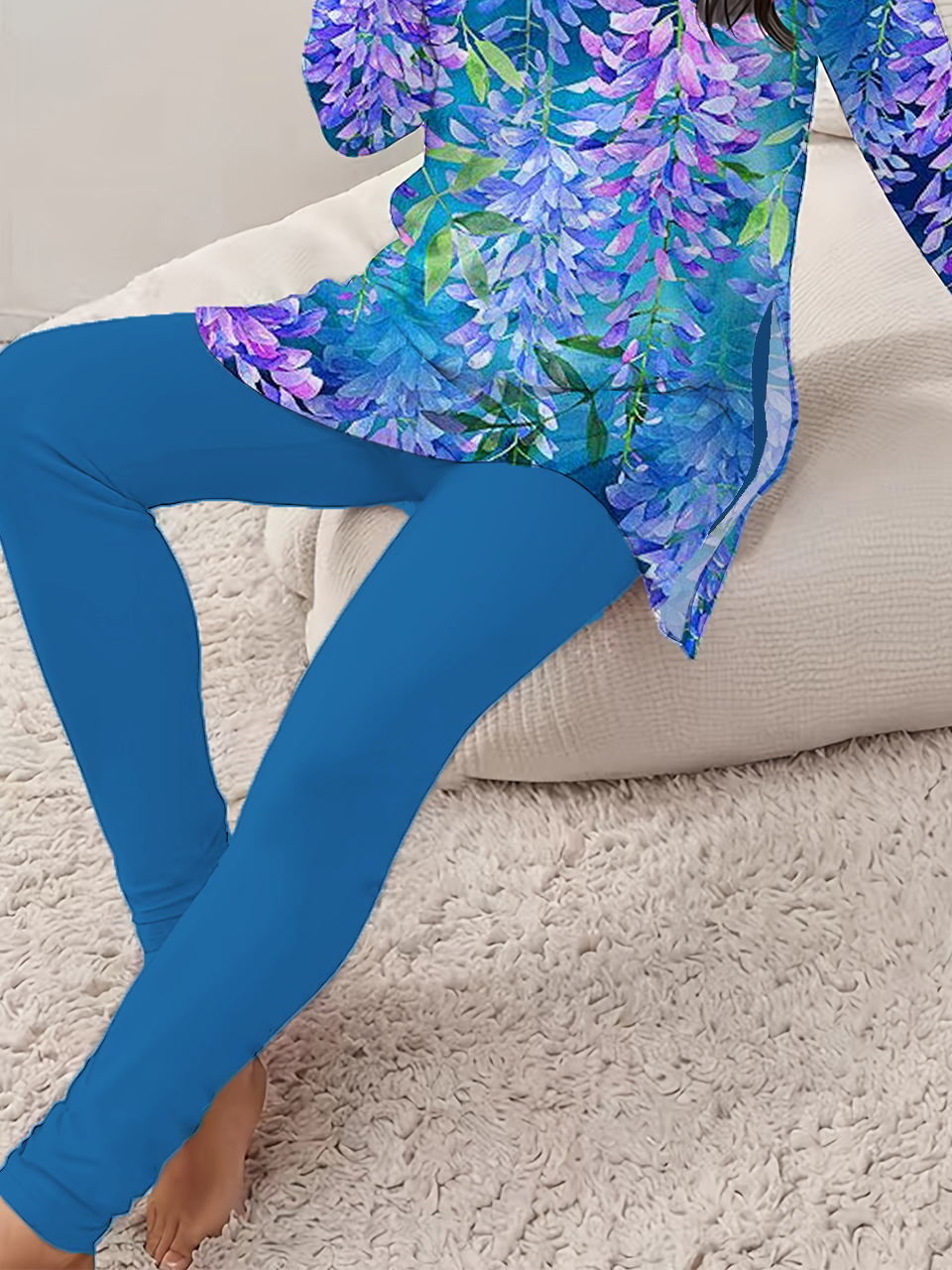 Women Floral Jersey Long Sleeve Top With Pants Casual Printing Spring/Fall Crew Neck Two-Piece Set