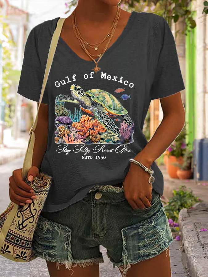 Women's Gulf Of Mexico Print Casual V Neck T-Shirt