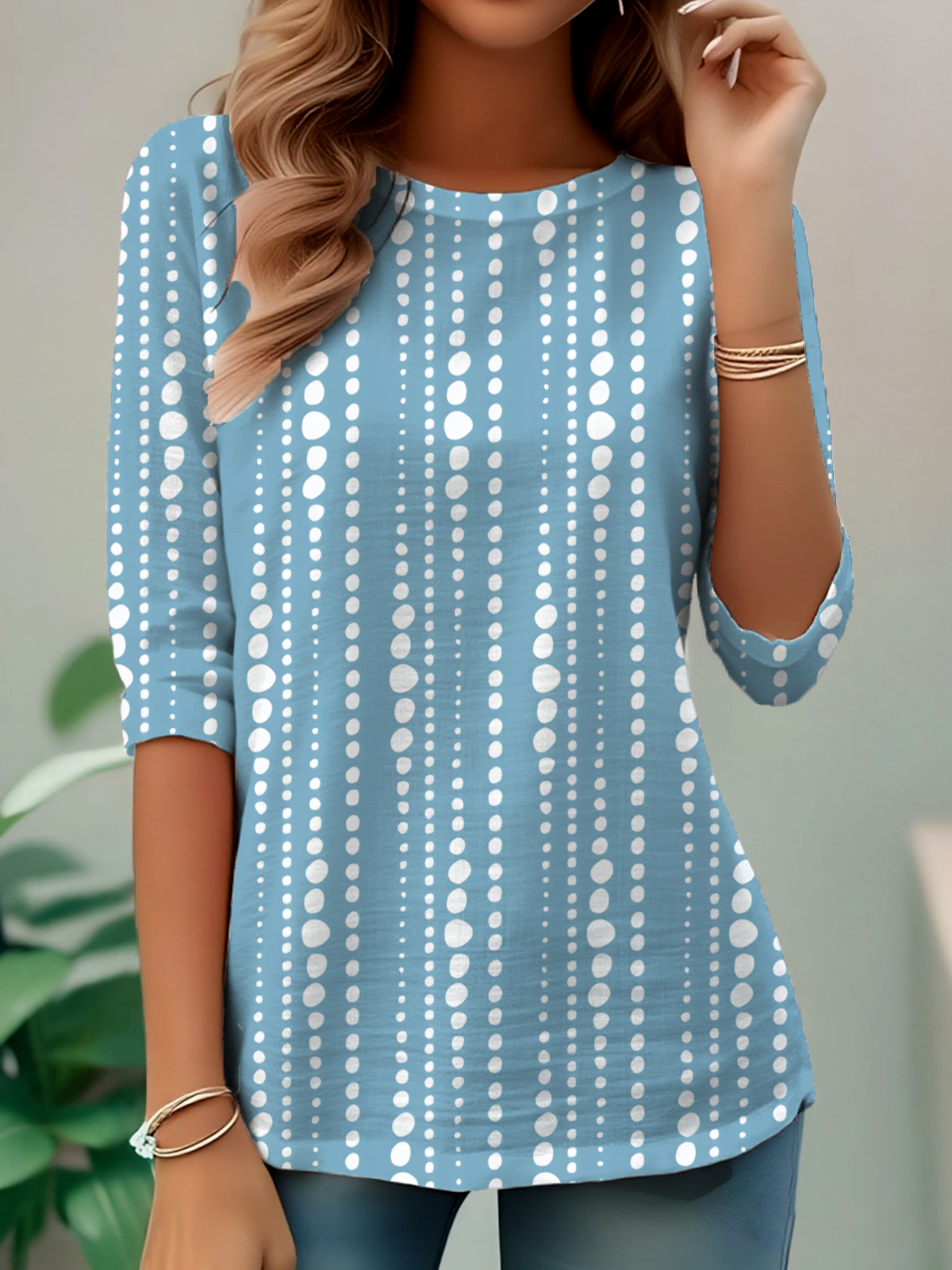 Elegant Commuting Simple Pattern Print Round Neck Long Sleeve T-Shirt