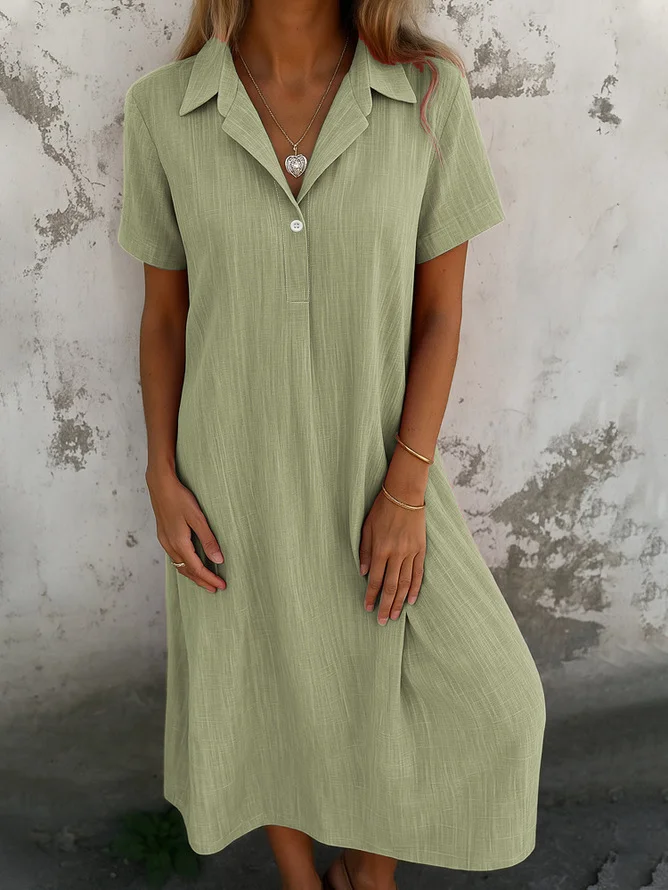 Cotton Shirt Collar Casual Dress With No