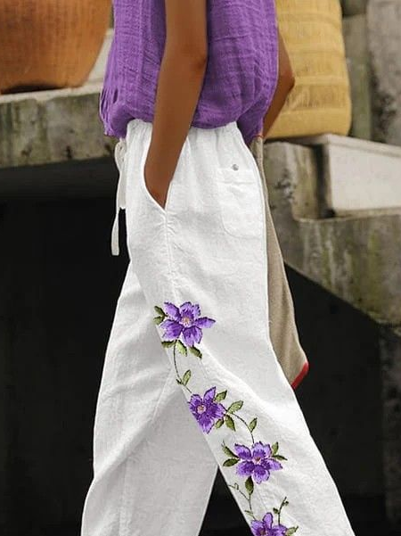 Women's  H-Line Baggy Pants Daily Going Out Pants White Casual Printing Floral Spring/Fall Pants